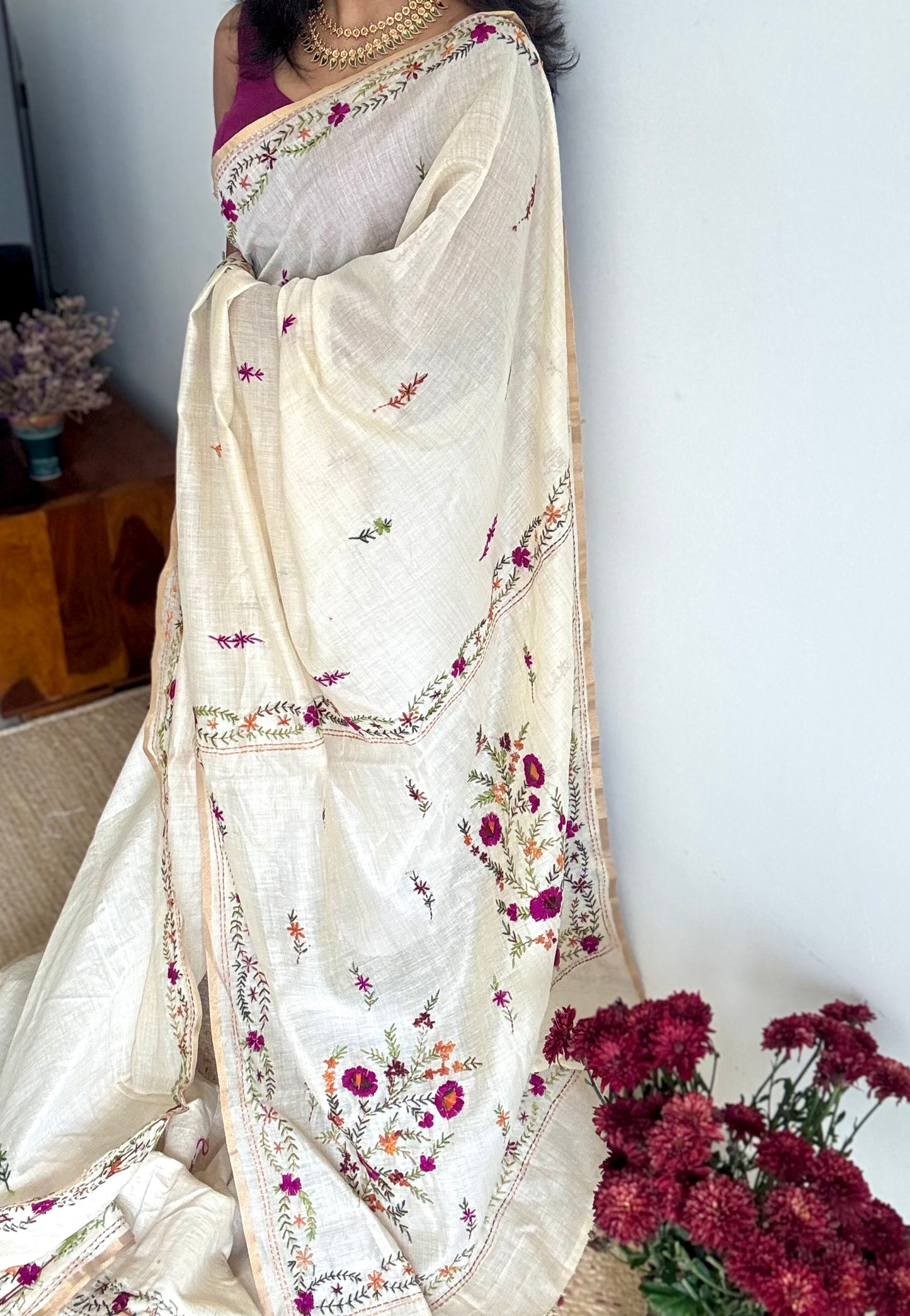 Ivory cotton silk with purple floral kantha threadwork - YCON25BCKW33