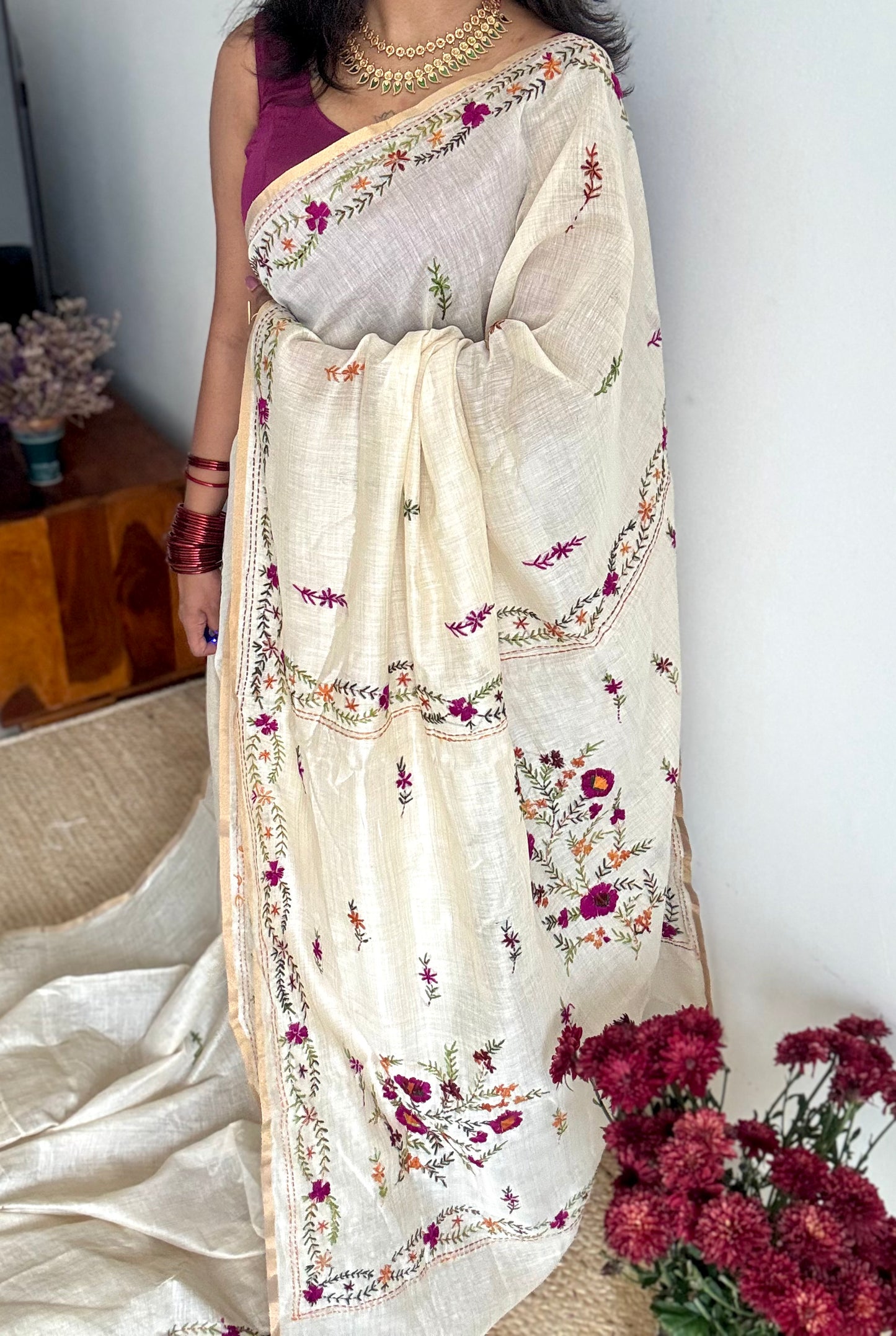 Ivory cotton silk with purple floral kantha threadwork - YCON25BCKW33
