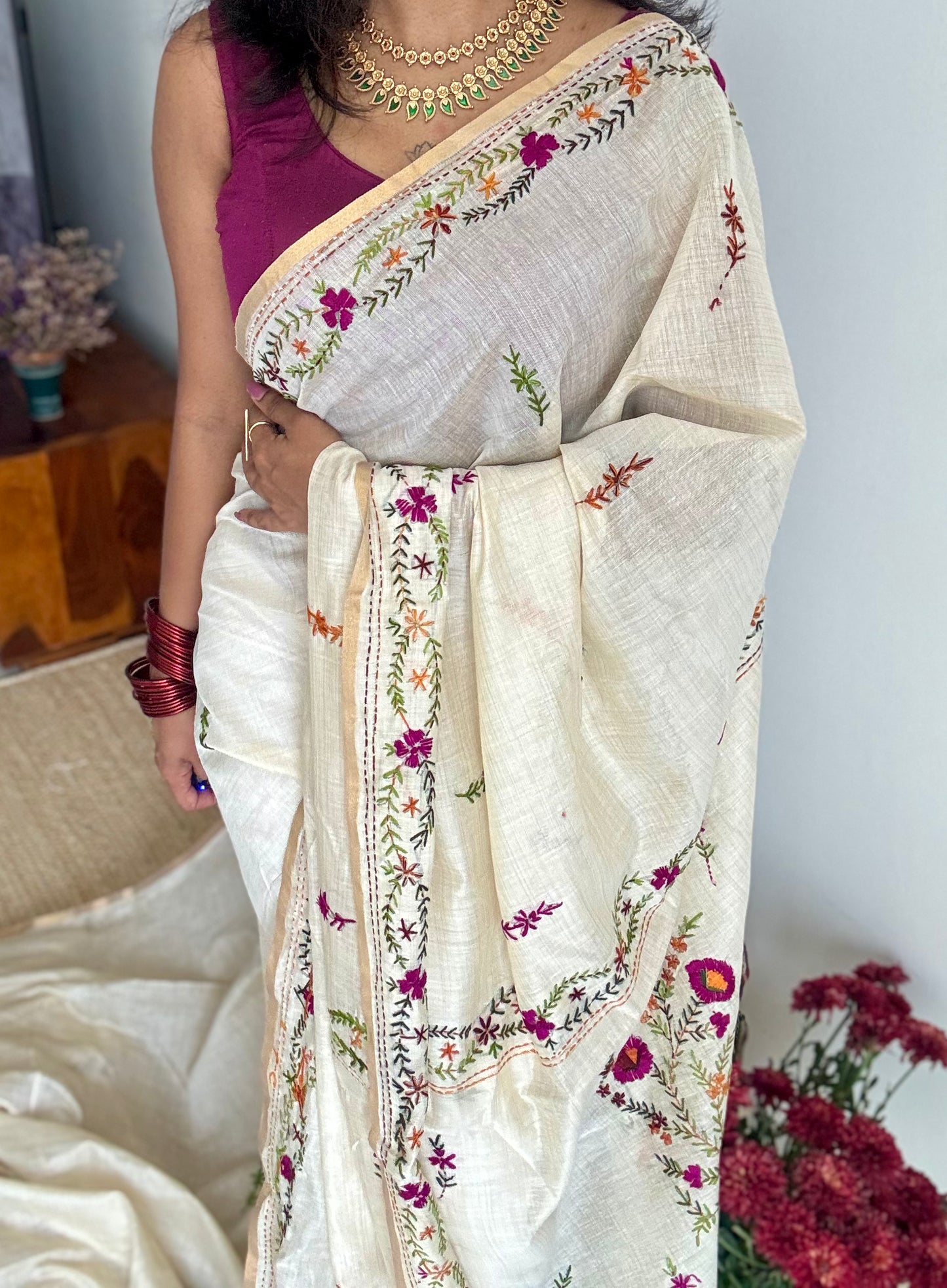 Ivory cotton silk with purple floral kantha threadwork - YCON25BCKW33