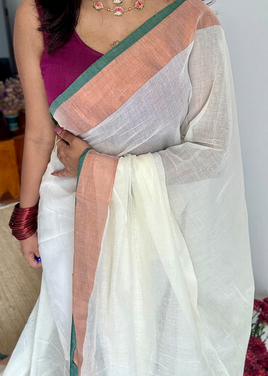 Ivory with green highlighted antique gold zari border, mul cotton - YCON25BCM26
