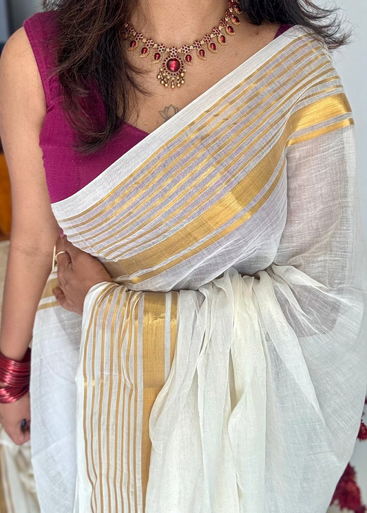 Ivory with gold striped border, mul cotton - YCON25BCM34