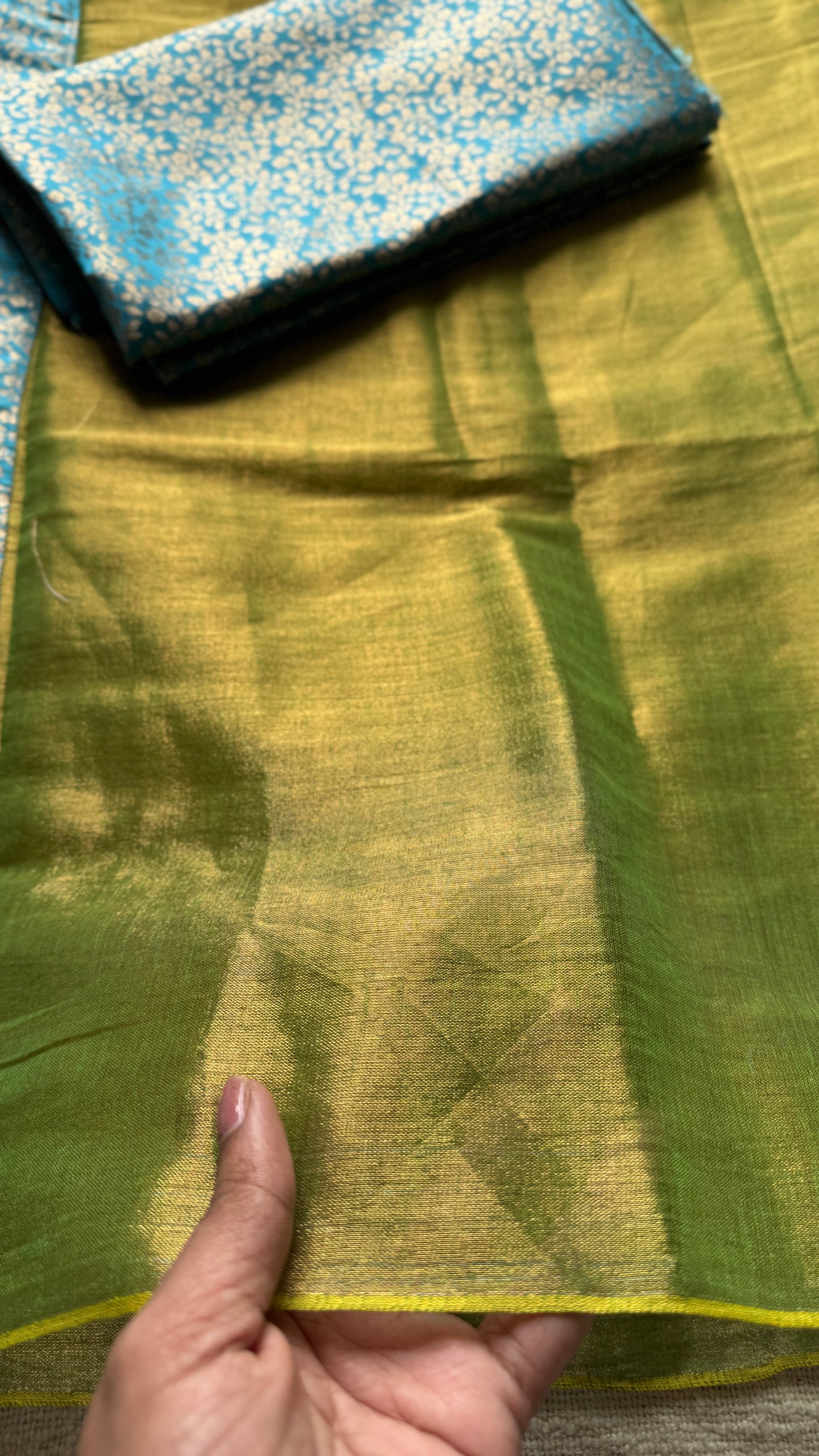 Noor-e-Hara - Glow of Green : Green with Blue and Gold Brocade Pallu & Blouse, Mul Tissue - YCTMEMT06