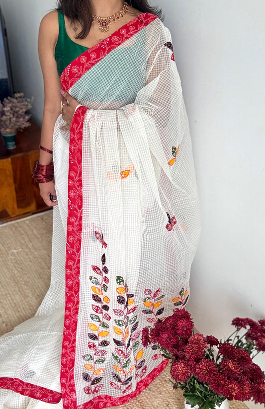 White kota with ajrakh cutwork and border - YCON25BCCW22