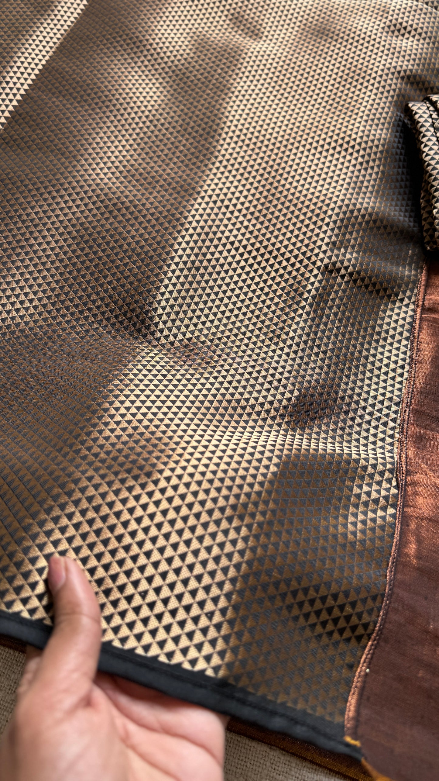 Khoobsurat Saaya - A Beautiful Shadow : Copper with Black and Gold Brocade Pallu & Blouse, Mul Tissue - YCTMEMT01