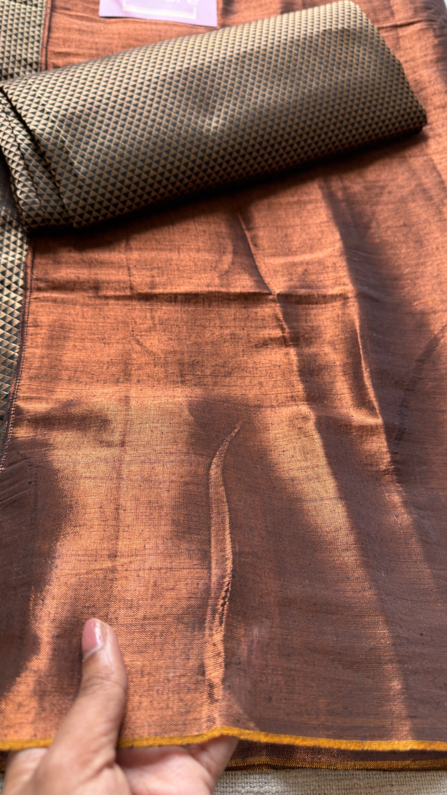 Khoobsurat Saaya - A Beautiful Shadow : Copper with Black and Gold Brocade Pallu & Blouse, Mul Tissue - YCTMEMT01
