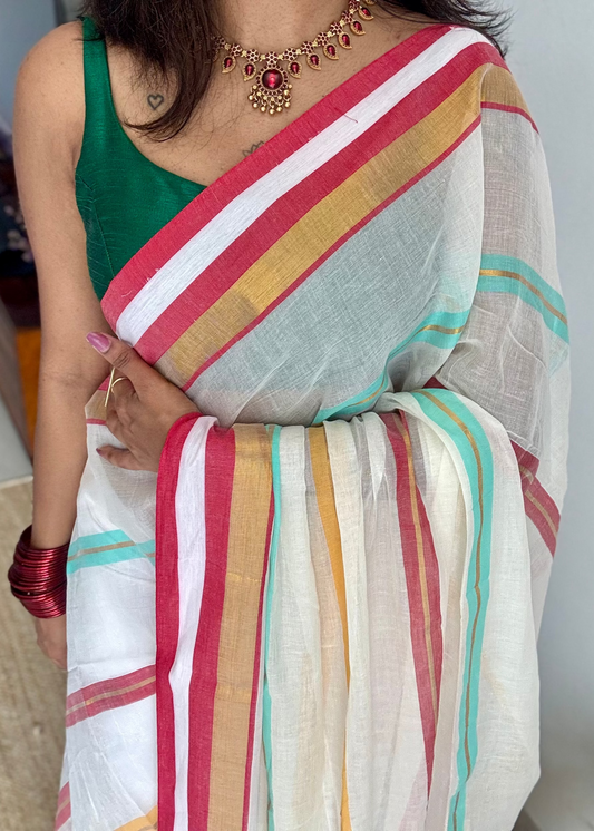 Ivory with blue, red and gold striped body & border, mul cotton - YCON25BCM38