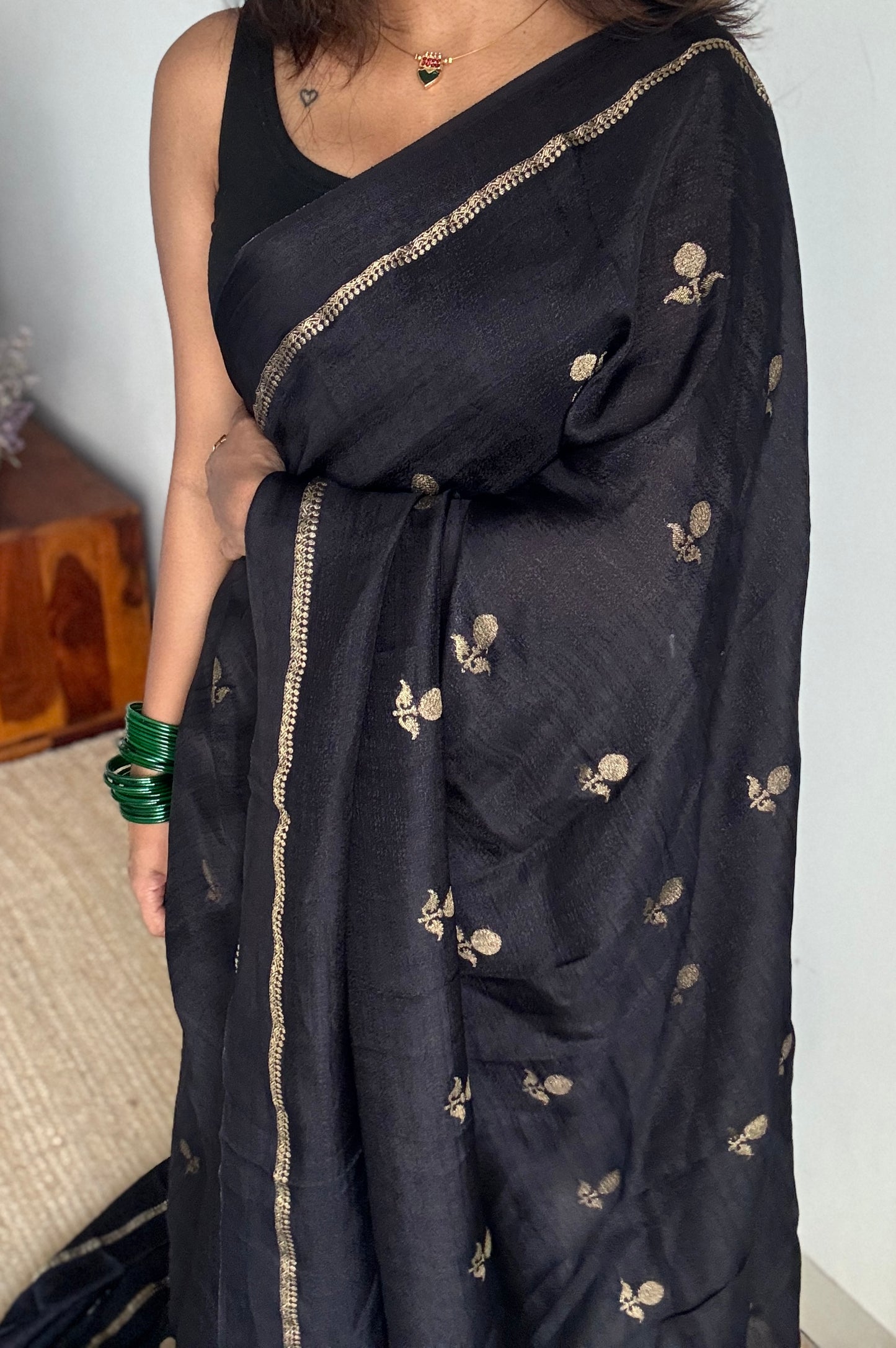 Black with jacquard zari butas - Khadi silk