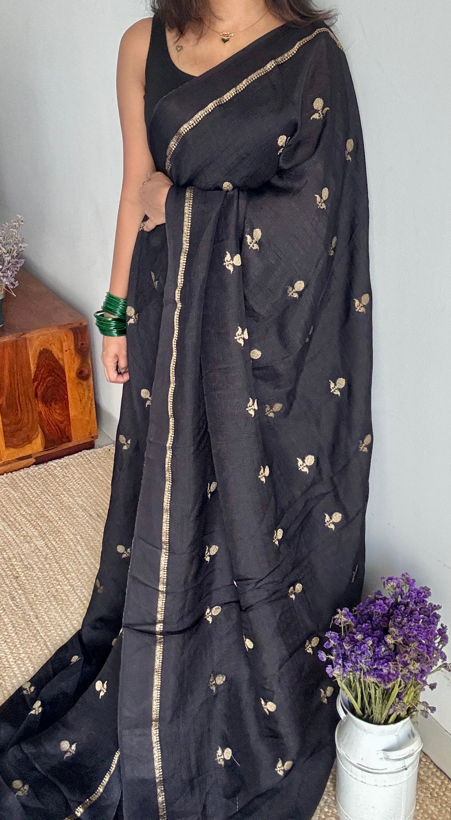 Black with jacquard zari butas - Khadi silk