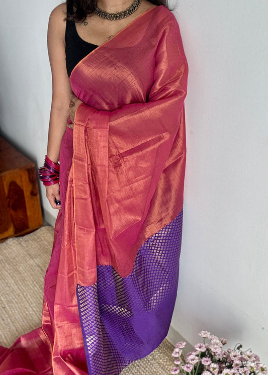 Shaam-e-Zeb - Evening of Elegance: Peach Pink with Purple and Gold Brocade Pallu & Blouse, Mul Tissue - YCTMEMT02