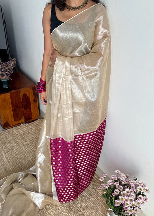 Chaand Phool - Moonflower : Pearl White with Purple Pink Brocade Pallu & Blouse, Mul Tissue - YCTMEMT04