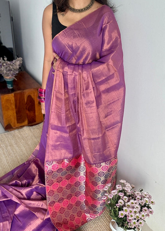 Rang-e-Bahar - Colour of Spring : Lilac with Multi Coloured Gold Brocade Pallu & Blouse, Mul Tissue - YCTMEMT05