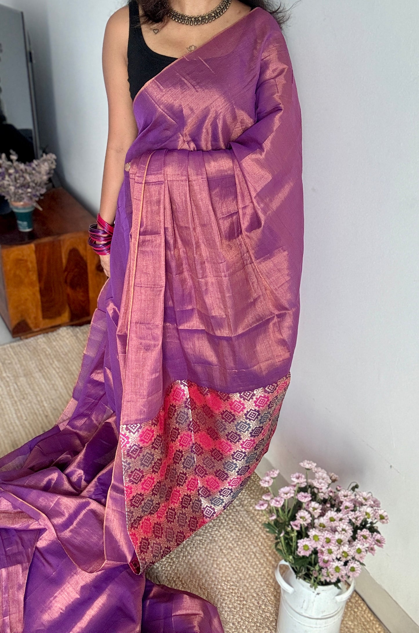 Rang-e-Bahar - Colour of Spring : Lilac with Multi Coloured Gold Brocade Pallu & Blouse, Mul Tissue - YCTMEMT05