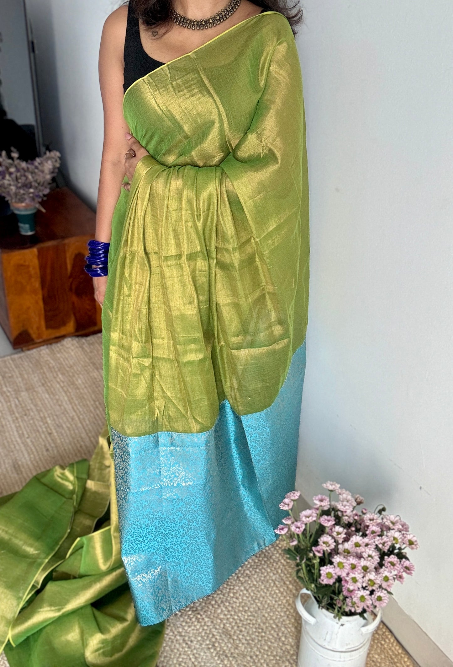 Noor-e-Hara - Glow of Green : Green with Blue and Gold Brocade Pallu & Blouse, Mul Tissue - YCTMEMT06