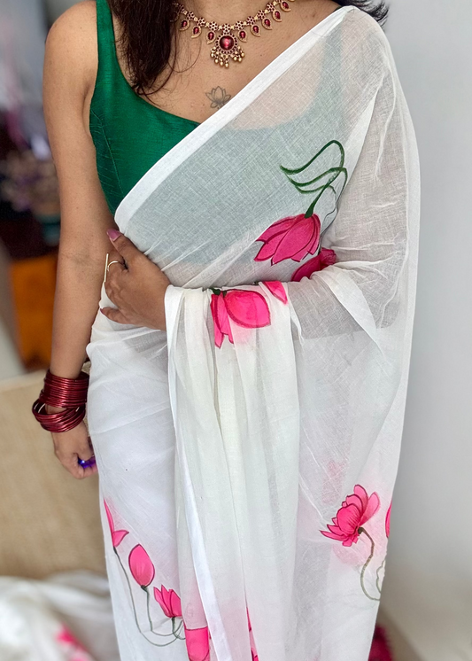 White with bright pink lotus vines, mul cotton - YCON25BCM36