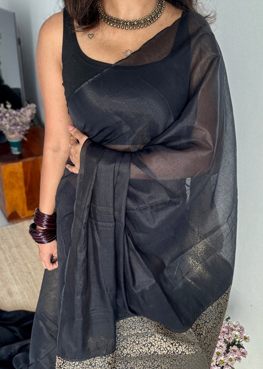 Sunehri Raat - Golden Night : Black with Brocade Black & Gold Pallu & Blouse, Mul Tissue - YCTMEMT03