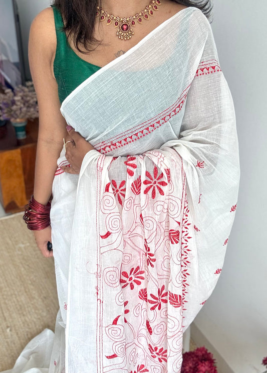 Ivory soft cotton with red kantha threadwork - YCON25BCKW23