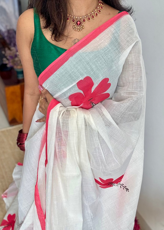 Ivory soft cotton with painted hibiscus flowers in red - YCON25BCSC45