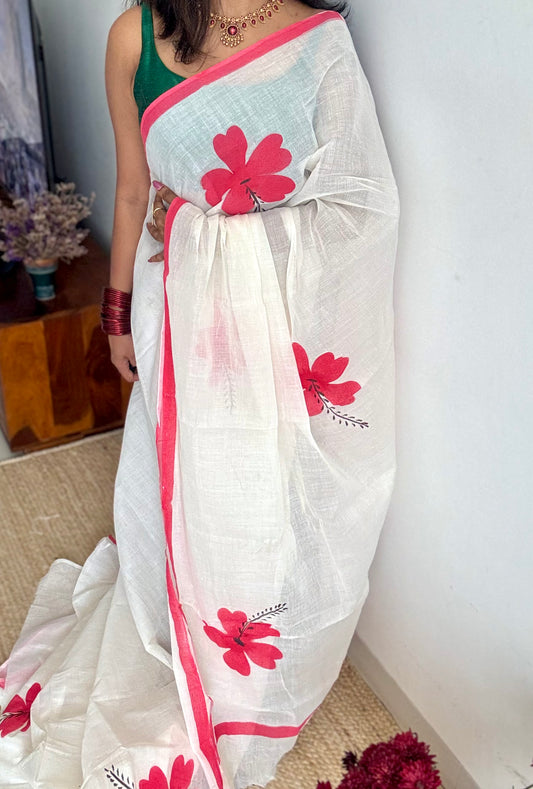 Ivory soft cotton with painted hibiscus flowers in red - YCON25BCSC45