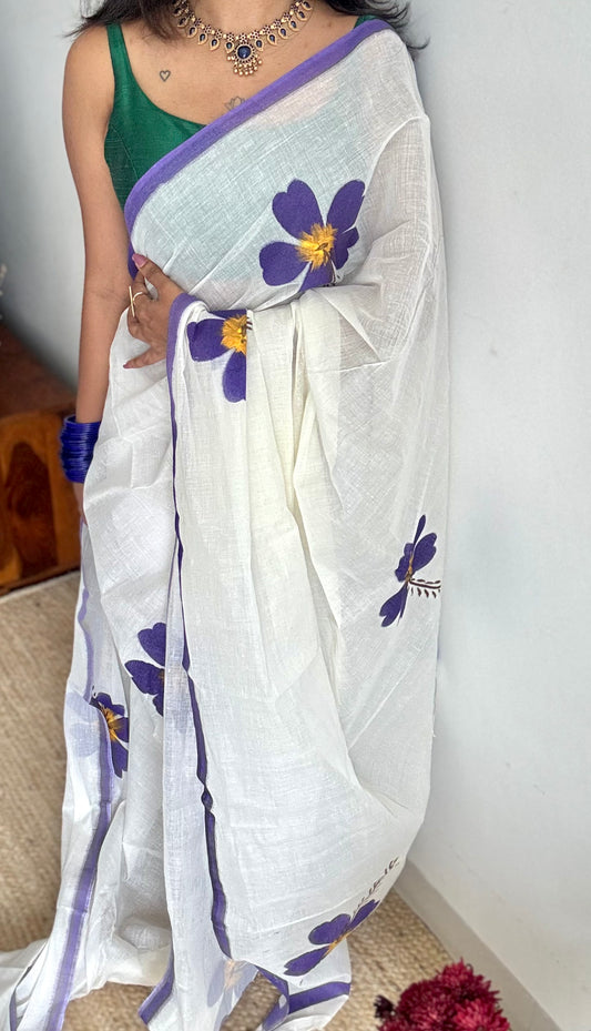 Ivory soft cotton with painted hibiscus flowers in violet - YCON25BCSC48