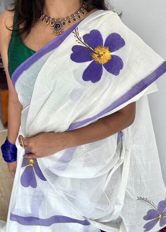Ivory soft cotton with painted hibiscus flowers in violet - YCON25BCSC48
