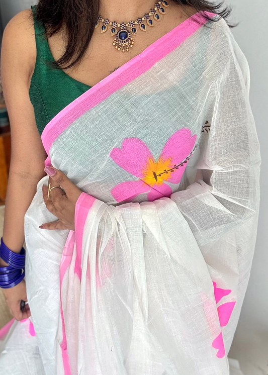 Ivory soft cotton with painted hibiscus flowers in bright pink - YCON25BCSC47