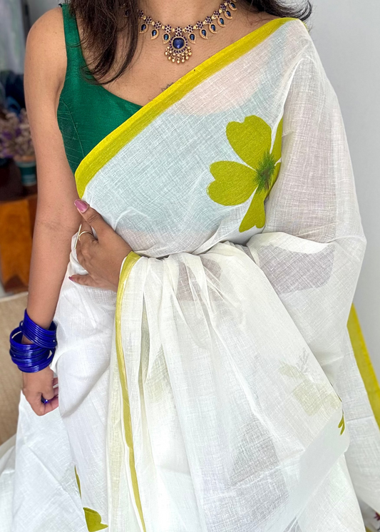 Ivory soft cotton with painted hibiscus flowers in green - YCON25BCSC46