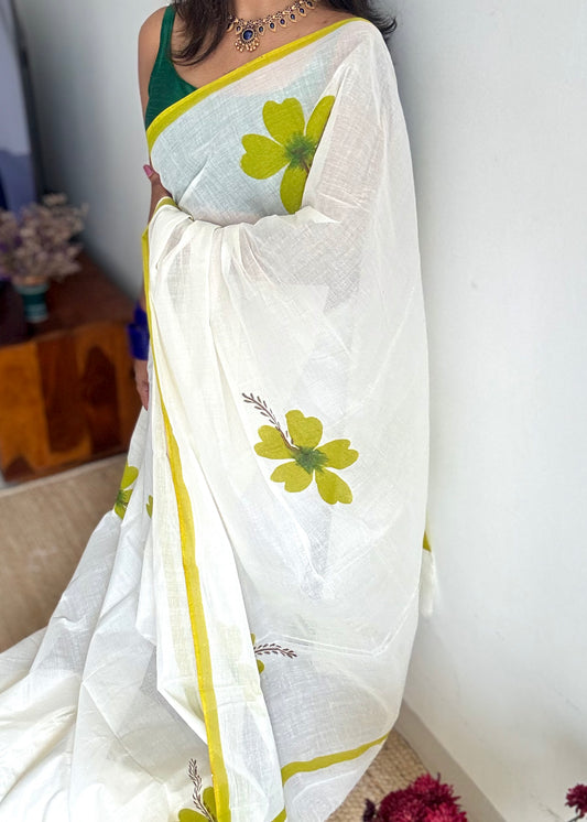 Ivory soft cotton with painted hibiscus flowers in green - YCON25BCSC46