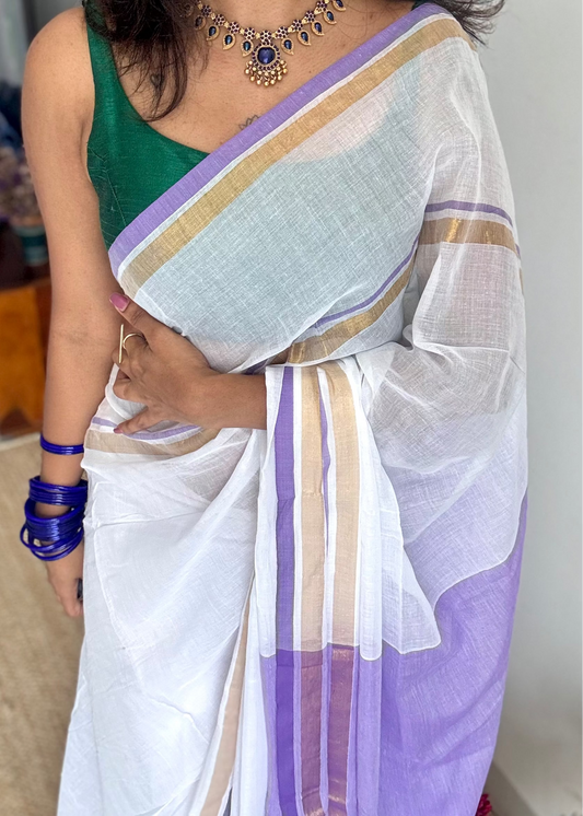 White with violet and gold stripe border, mul cotton - YCON25BCM17
