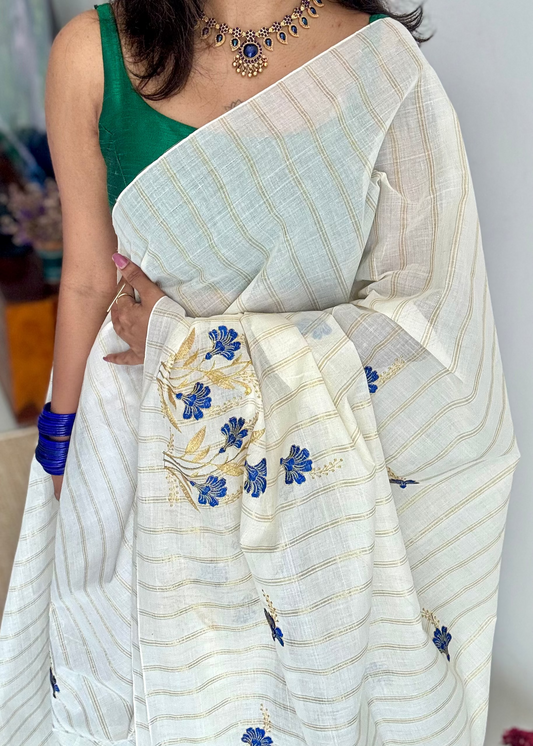 Ivory and gold with blue flower embroidery, striped zari, kerala cotton - YCON25KCSFE73
