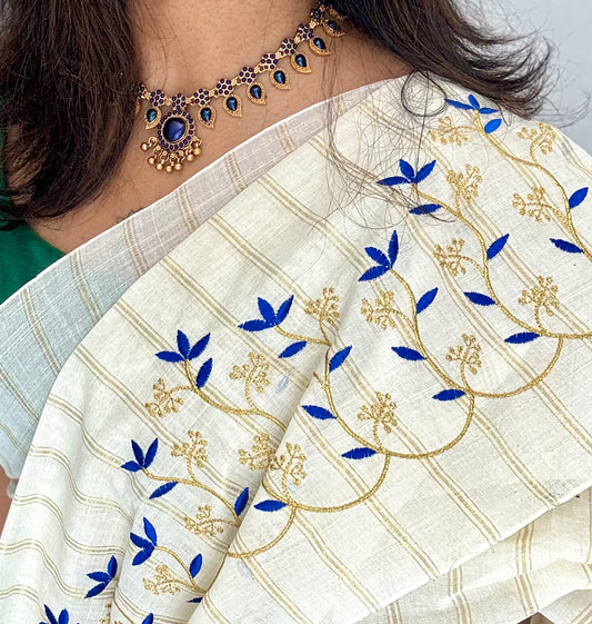 Ivory and gold with blue small flower embroidery, striped zari, kerala cotton - YCON25KCSFE75