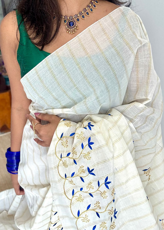 Ivory and gold with blue small flower embroidery, striped zari, kerala cotton - YCON25KCSFE75