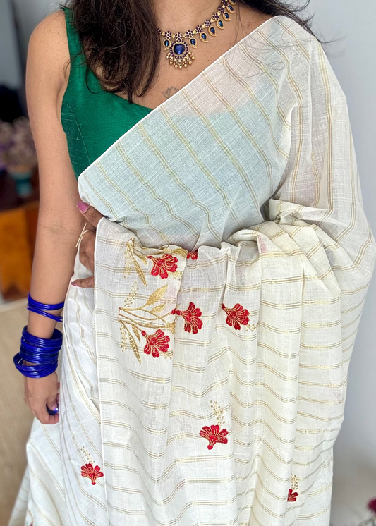 Ivory and gold with red flower embroidery, striped zari, kerala cotton - YCON25KCSFE262