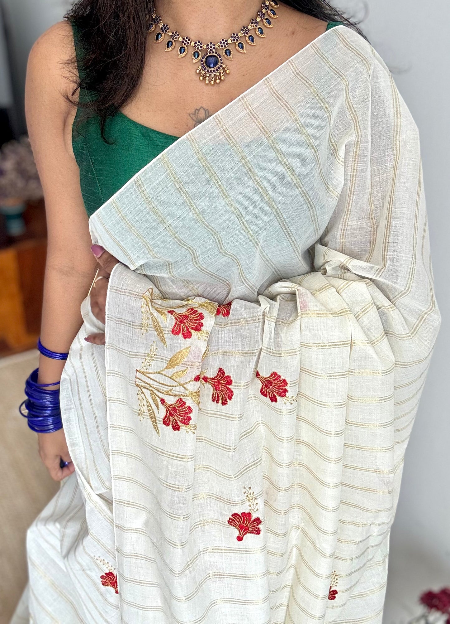 Ivory and gold with red flower embroidery, striped zari, kerala cotton - YCON25KCSFE262