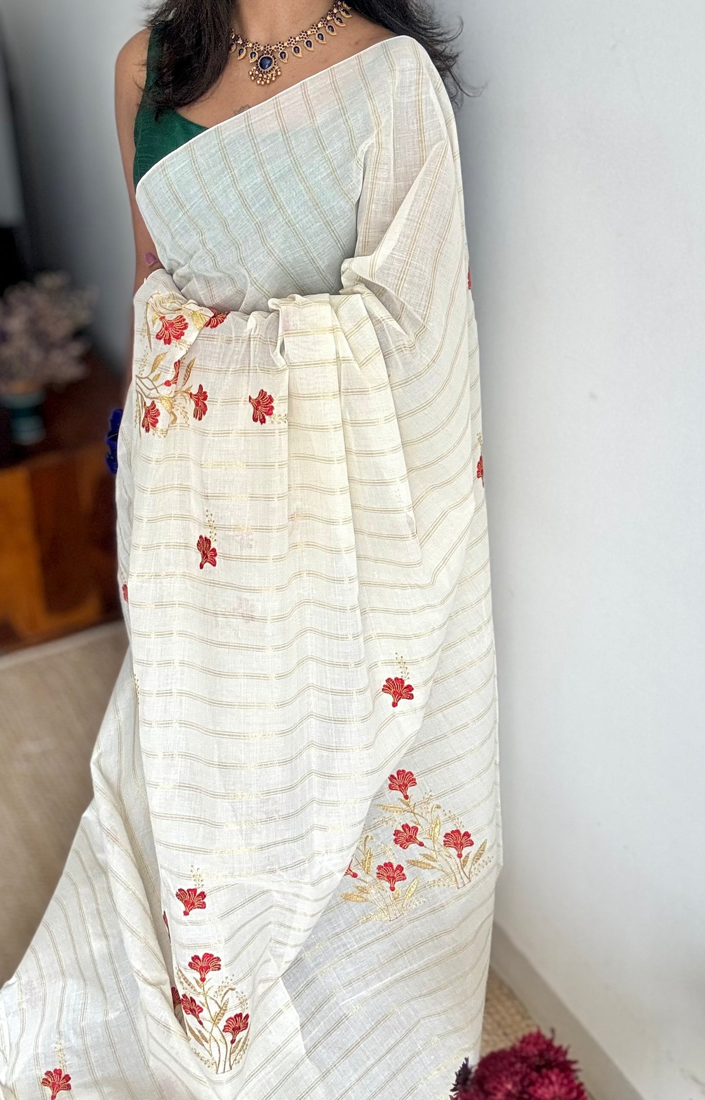 Ivory and gold with red flower embroidery, striped zari, kerala cotton - YCON25KCSFE262