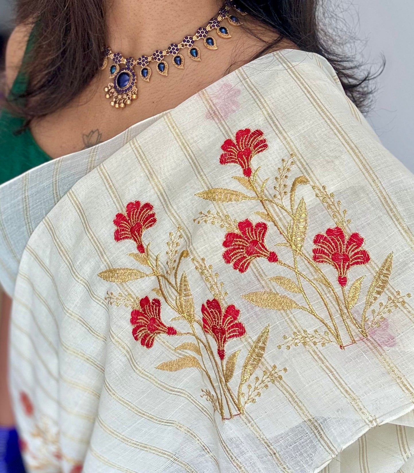 Ivory and gold with red flower embroidery, striped zari, kerala cotton - YCON25KCSFE262