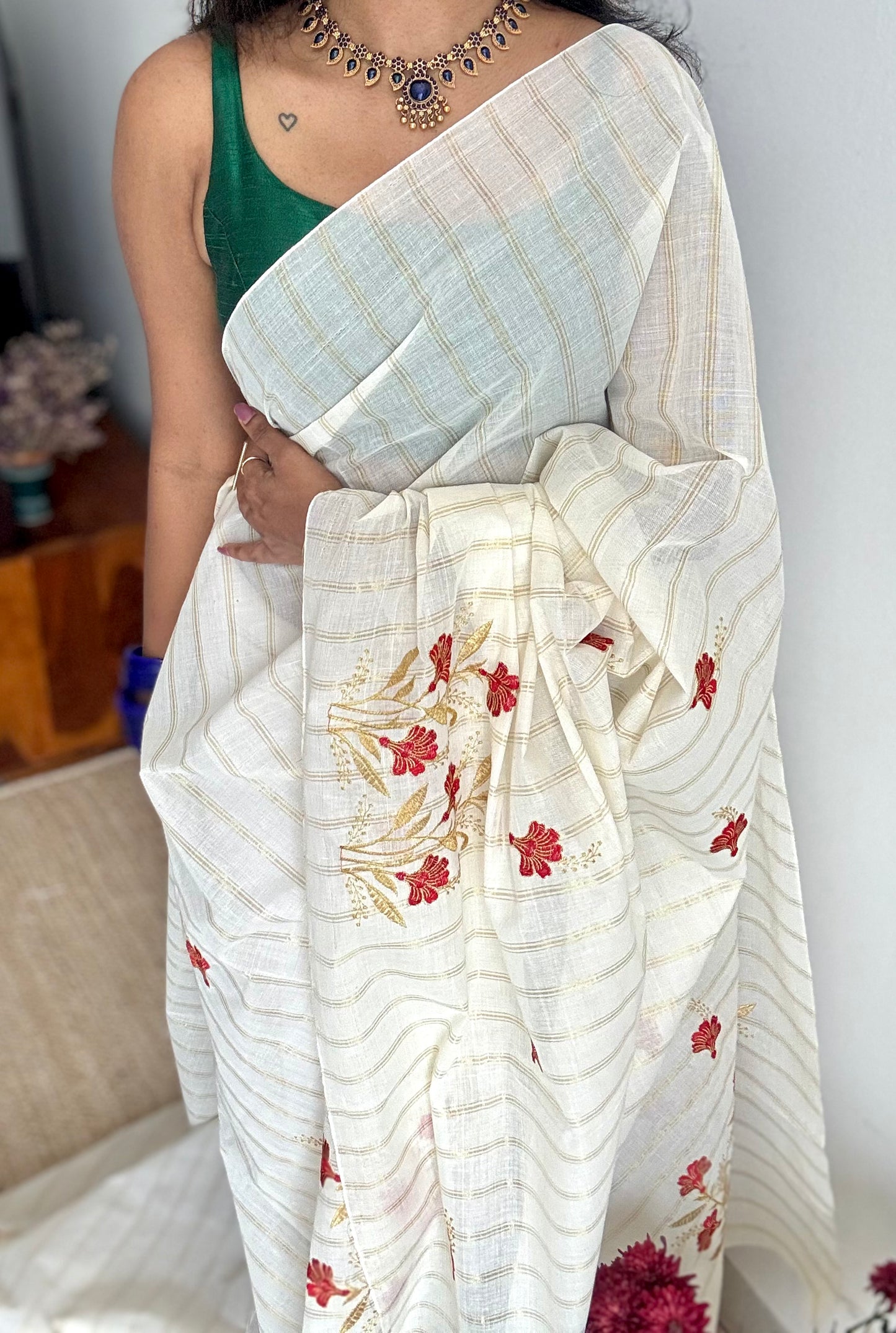 Ivory and gold with red flower embroidery, striped zari, kerala cotton - YCON25KCSFE262
