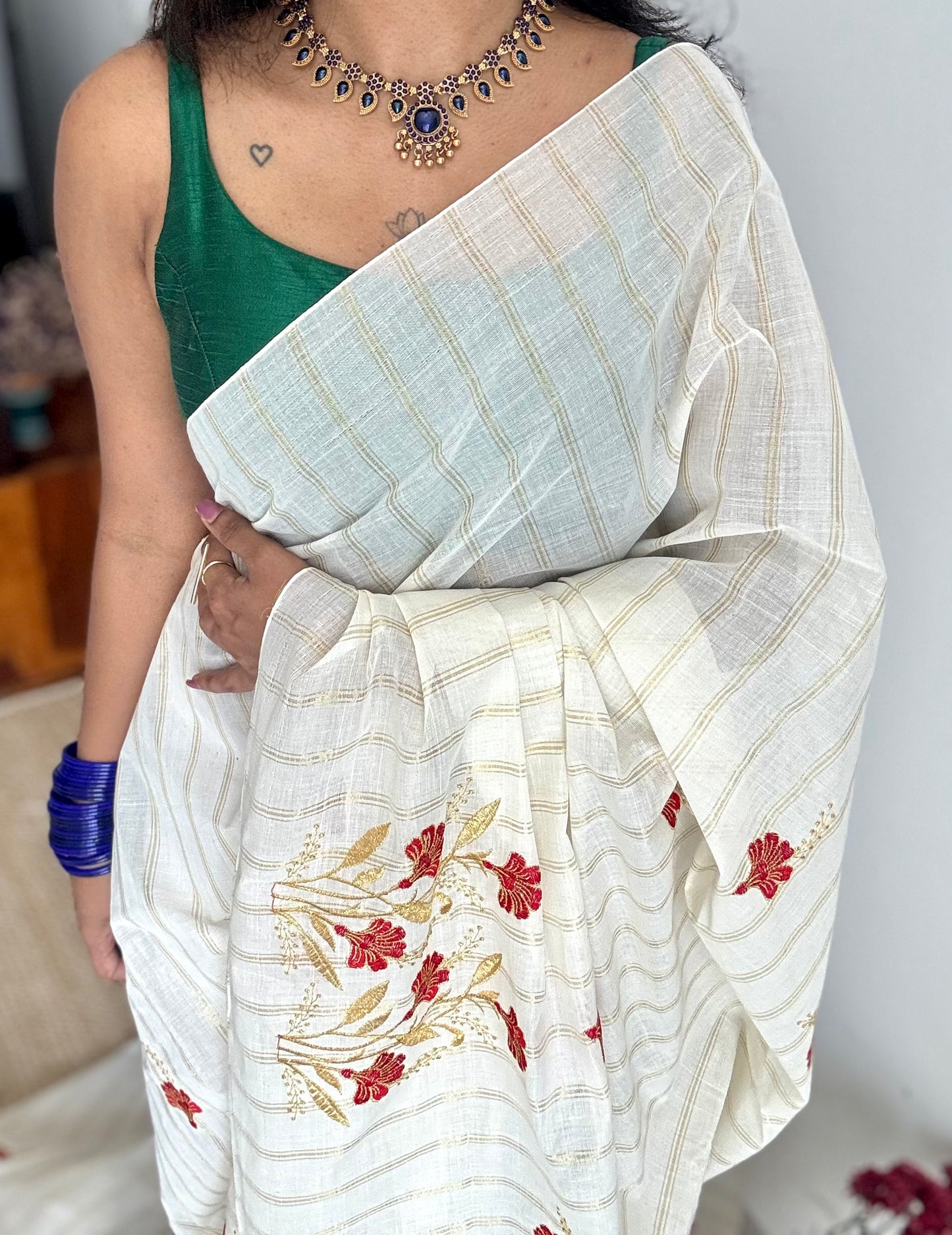 Ivory and gold with red flower embroidery, striped zari, kerala cotton - YCON25KCSFE262