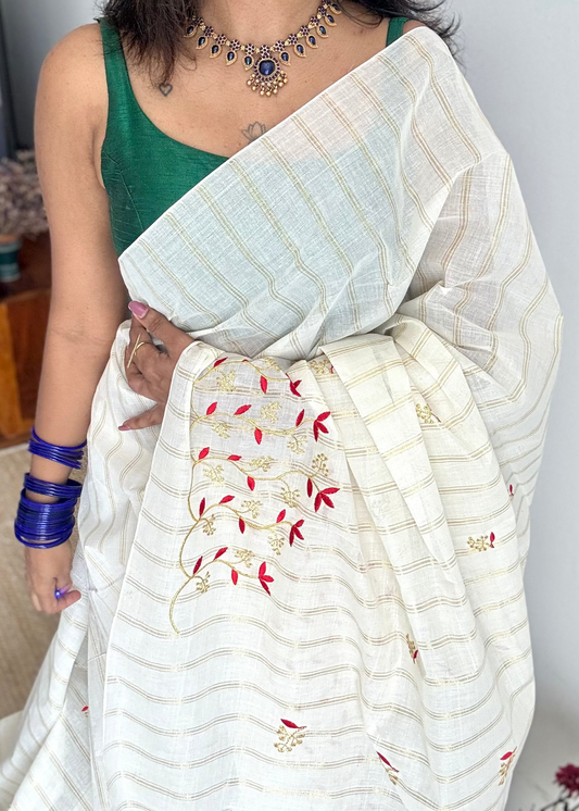 Ivory and gold with red small flower embroidery, striped zari, kerala cotton - YCON25KCSFE74