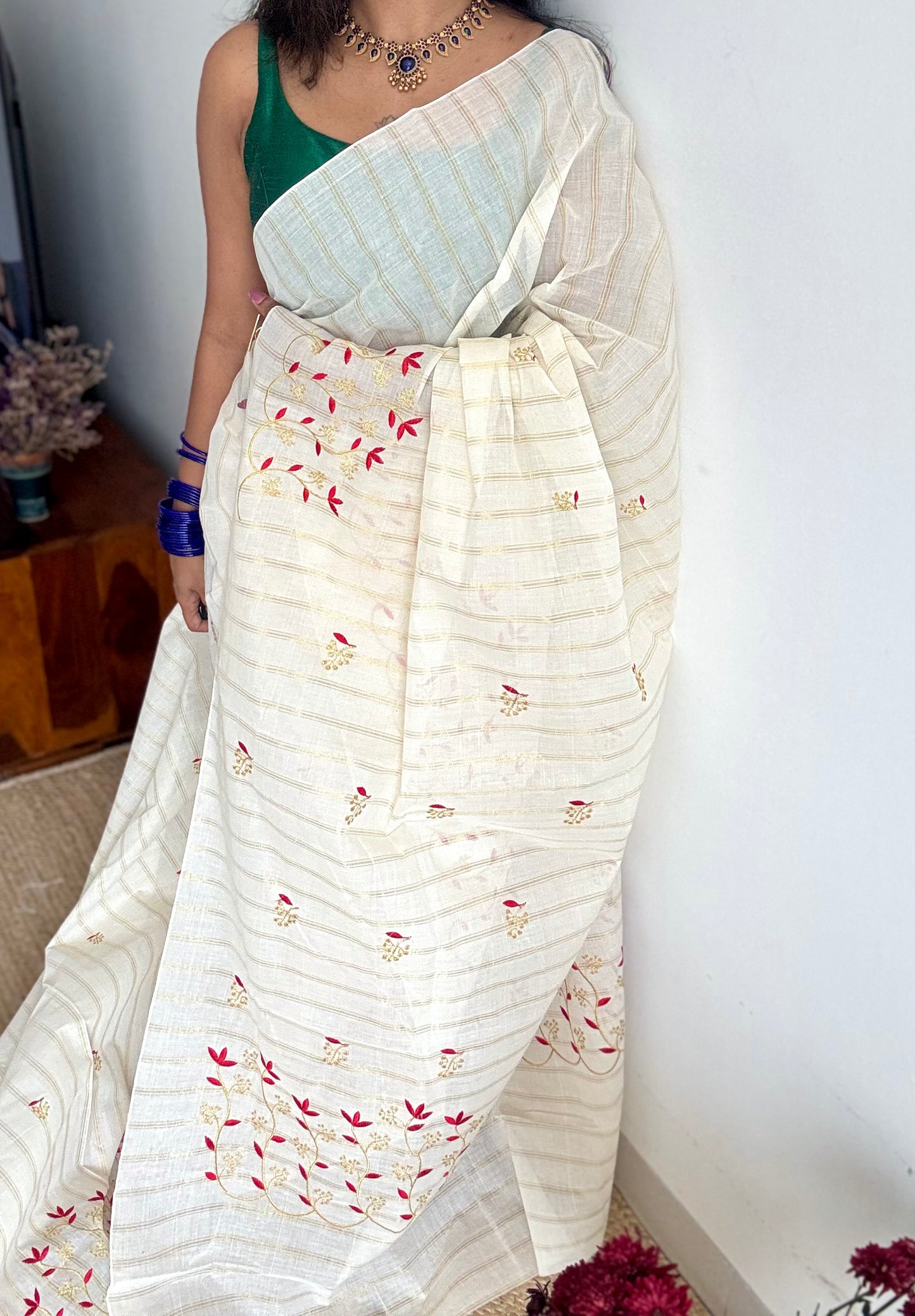Ivory and gold with red small flower embroidery, striped zari, kerala cotton - YCON25KCSFE74
