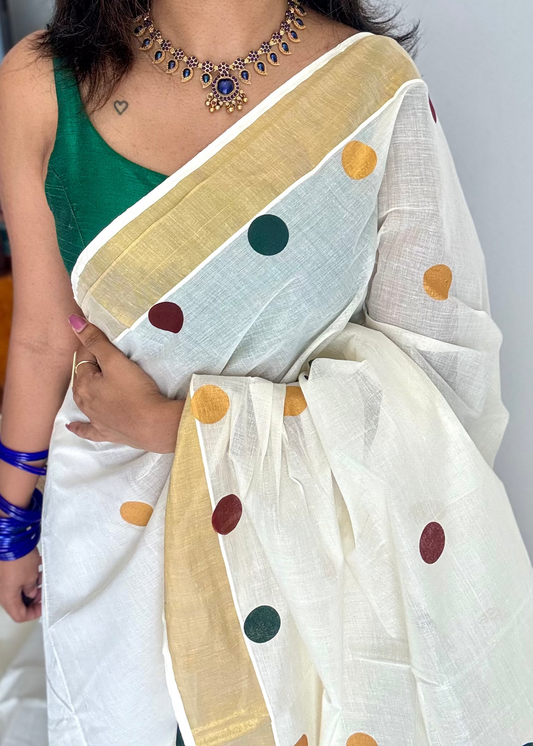 Ivory and gold with polka coloured buttas, kerala cotton - YCON25KCPD249