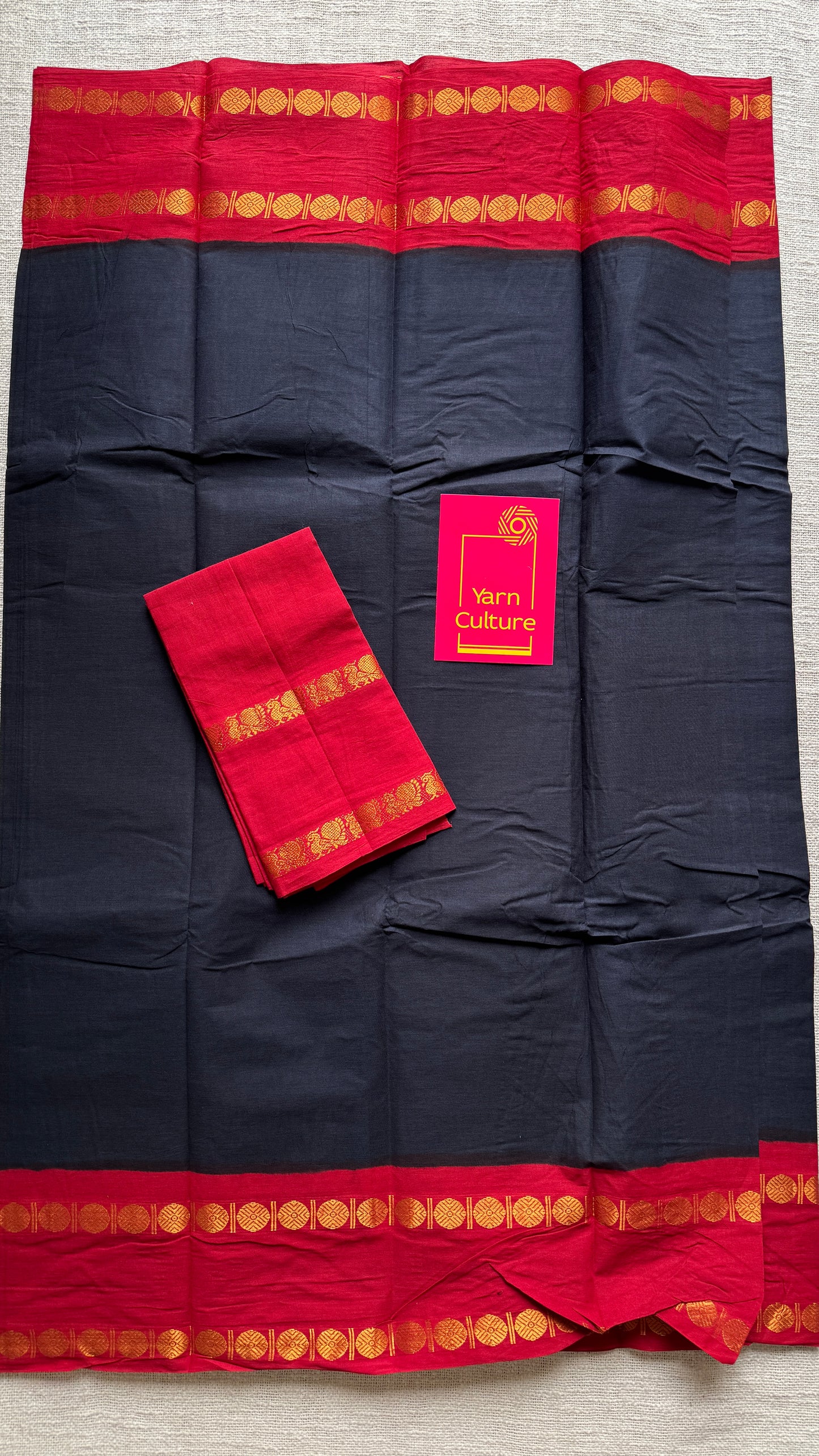 Black with red rudraksham motif border - Madurai Sungudi cotton