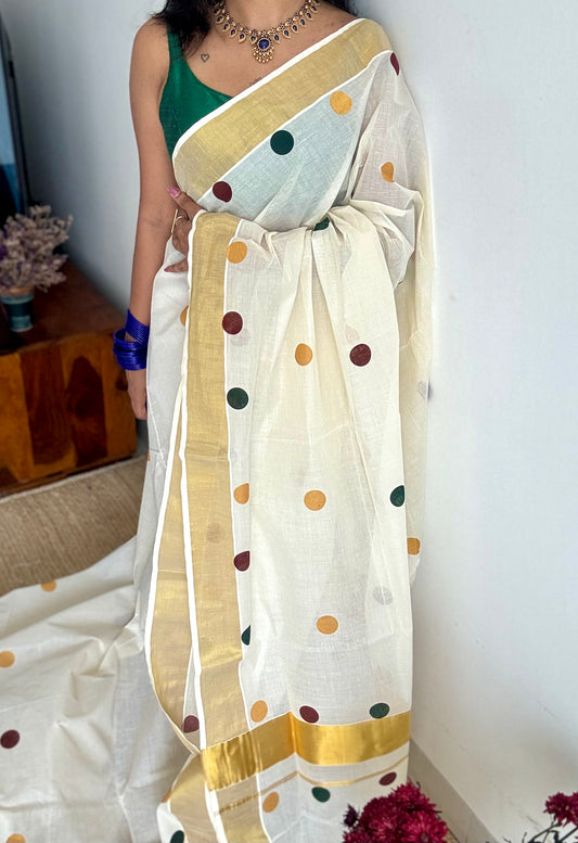 Ivory and gold with polka coloured buttas, kerala cotton - YCON25KCPD249