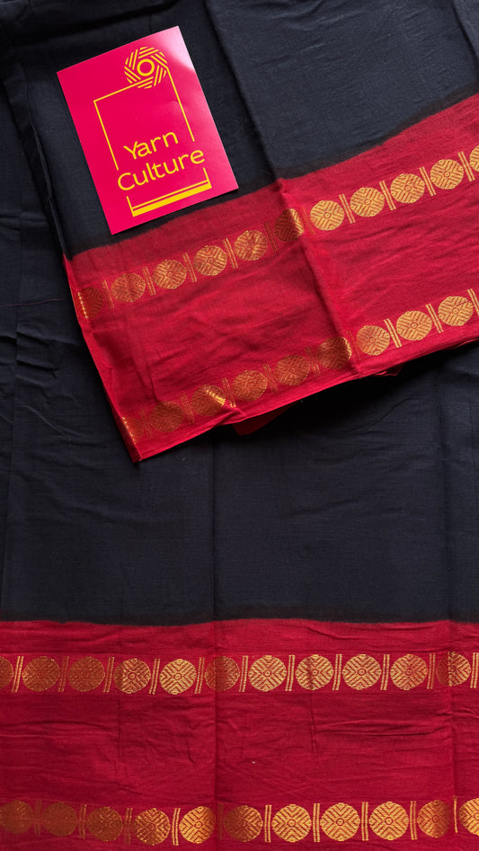 Black with red rudraksham motif border - Madurai Sungudi cotton