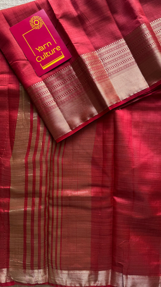 Red with antique gold zari - Semi Raw Silk