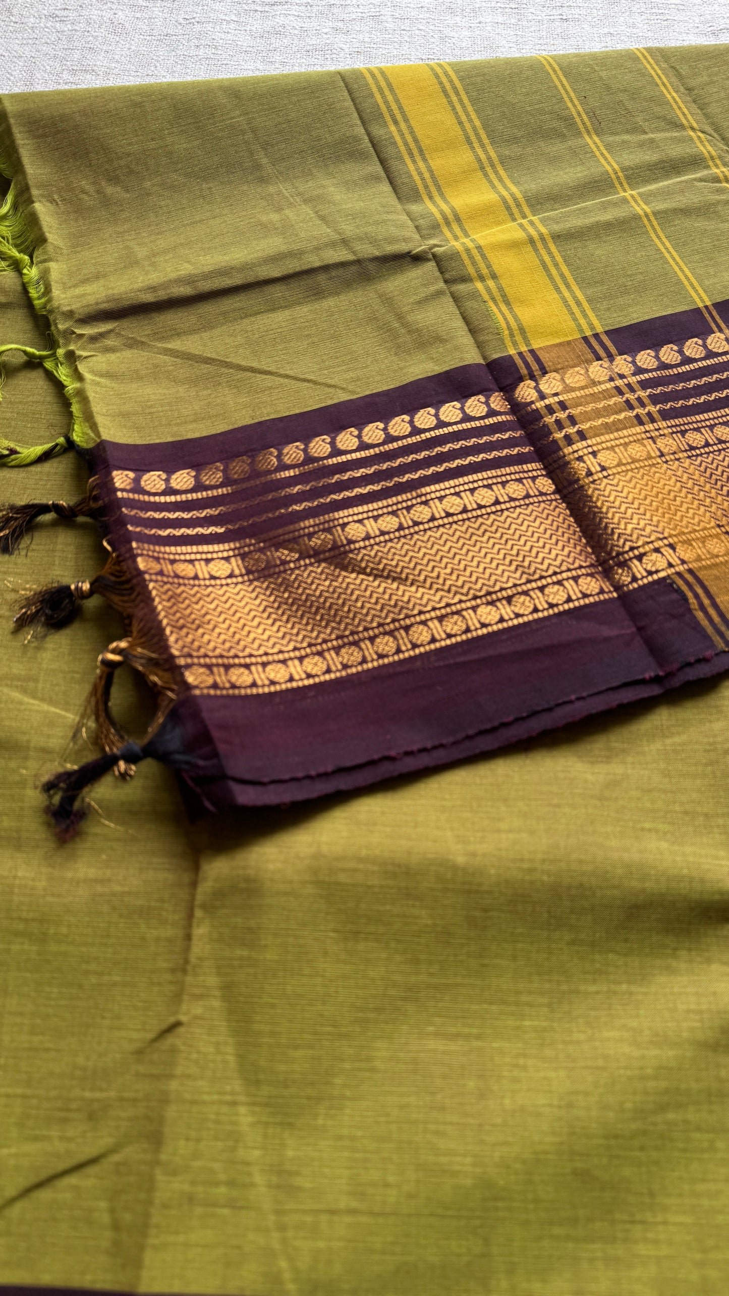 Lemon ginger green with purple brown contrast - Kanchi Cotton
