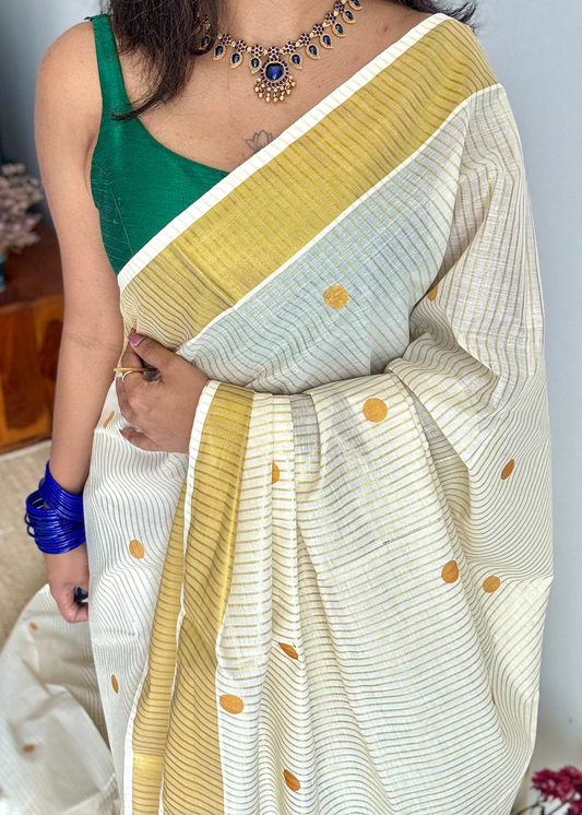 Ivory and gold with polka buttas, striped zari, kerala cotton - YCON25KCSPD77
