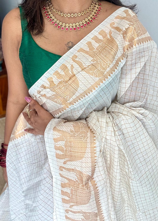 Gaja Rekha - small kattam checks,elephant motif, ivory & gold, soft cotton - YCON25COTN102