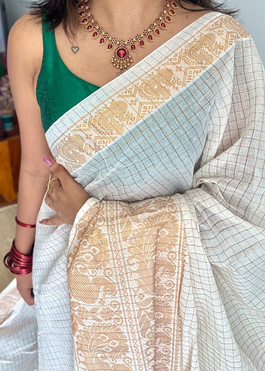 Mayura Rekha - small kattam checks, broad peacock motif, ivory & gold, soft cotton - YCON25COTN90