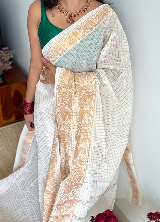 Mayura Rekha - small kattam checks, broad peacock motif, ivory & gold, soft cotton - YCON25COTN90