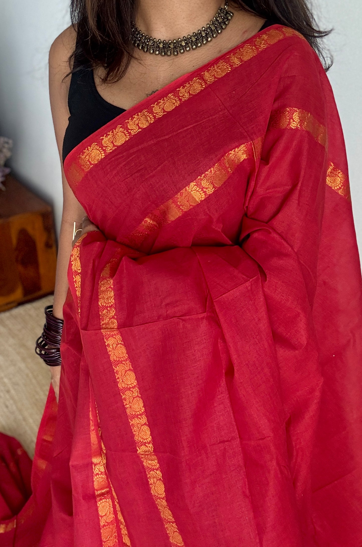 Red Rettaipettu Peacock double border - Madurai Kattuchayam - YCPER19